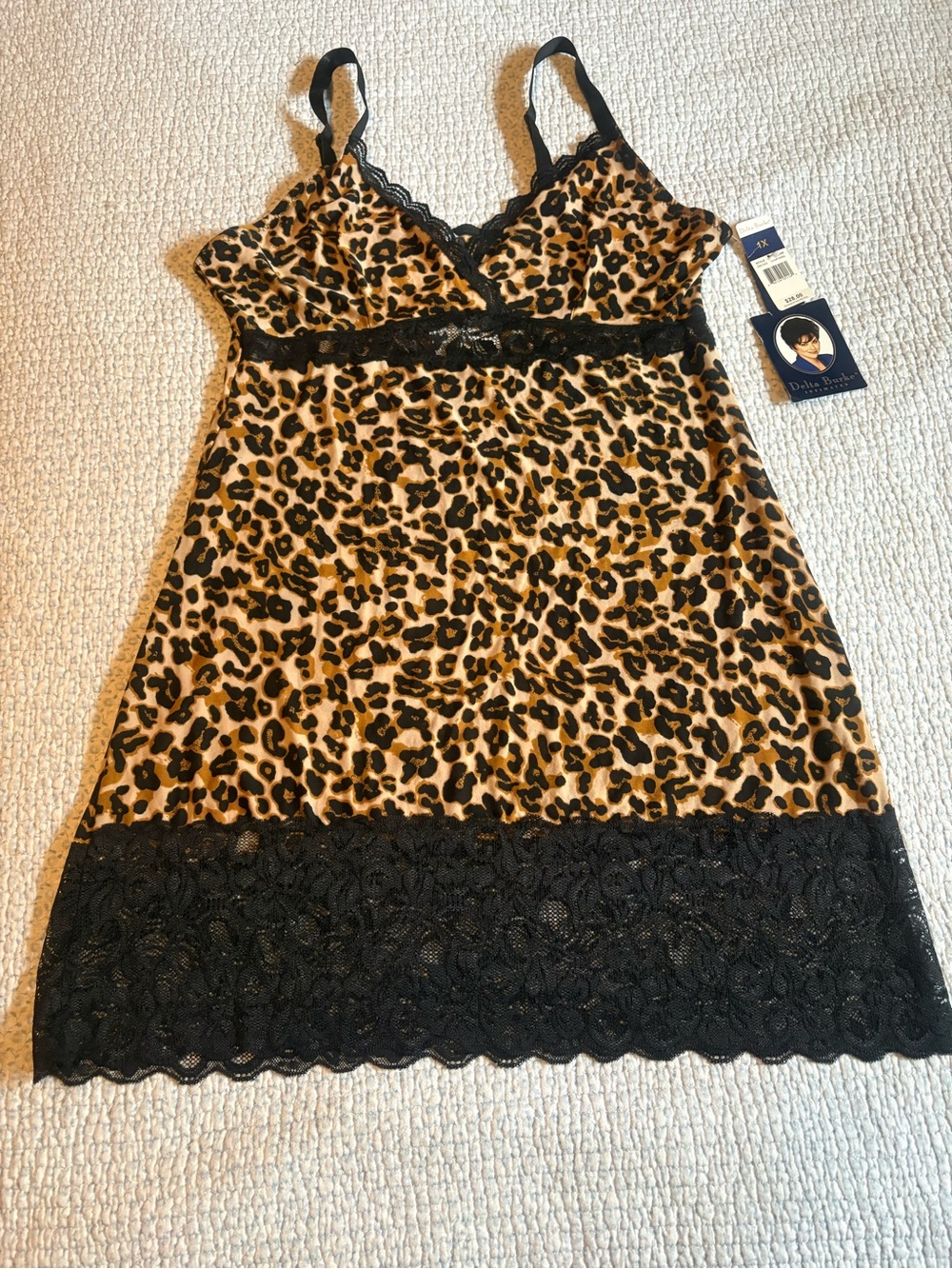Delta Burke Leopard Nightie with Black Lace Trim